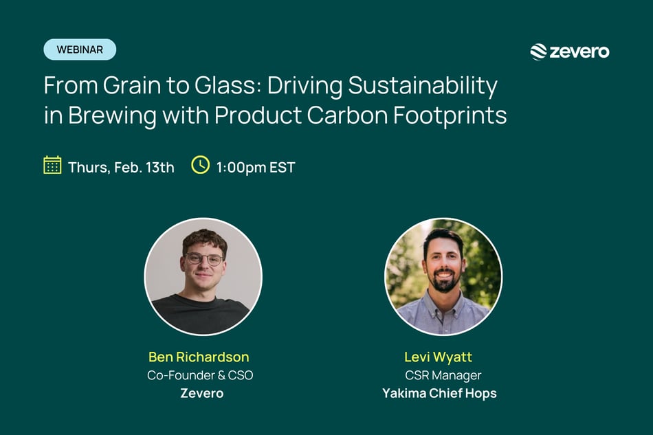Zevero and Yakima Chief Hops webinar banner featuring ben richardson and levi wyatt speaking about product carbon footprints in brewing